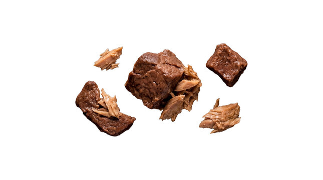 Various appetizing pieces of cooked diced meat, including solid chunks and shredded portions.