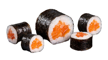 Five salmon maki sushi rolls, showing fresh orange fish and white rice, isolated on a transparent background. © Caroline