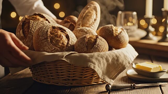 Hands placing basket of fresh artisan bread on rustic table