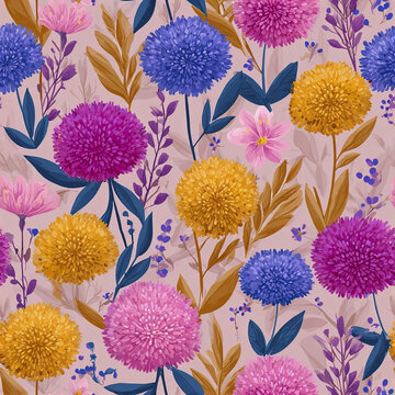 Colorful floral pattern with purple, pink, blue, and yellow flowers and brown leaves on soft pink background, creating lively and feminine spring celebration design