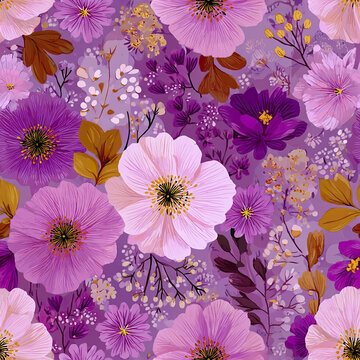 Purple floral pattern with pink and violet flowers and brown leaves, creating feminine and elegant spring celebration design full of delicate details and soft colors
