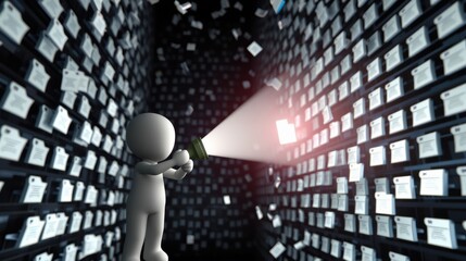 Fototapeta premium Stick figure illuminates endless rows documents. Search concept, data overload, information retrieval depicted visually. Dark background emphasizes light beam.
