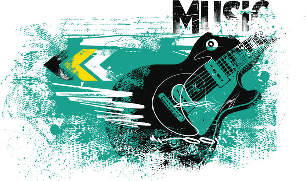 music, grunge illustration design, Guitar silhouette illustration grunge texture, typography street art graffiti, guitar symbolic image graffiti style, street art graffiti vector for graphic tees