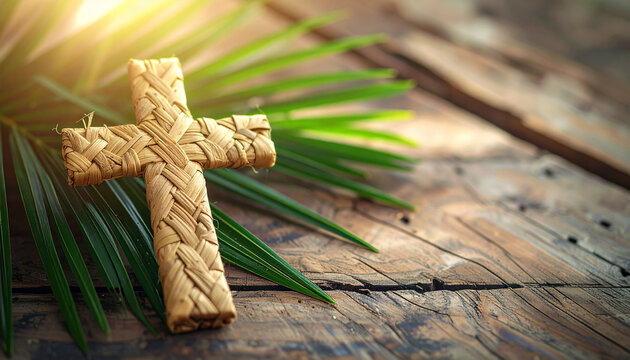 Palm cross made from woven palm leaves, fresh green palm fronds, Palm Sunday and Easter concept, Christian religious symbol