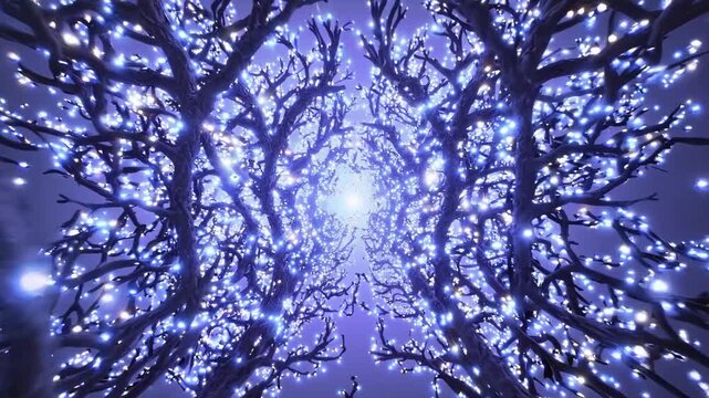 Enchanted forest tunnel with blue lights. Camera sweeps upward through bare branches strung with tiny LED bulbs forming glowing canopy cool violet hues, soft bokeh, gentle snow flurry and distant