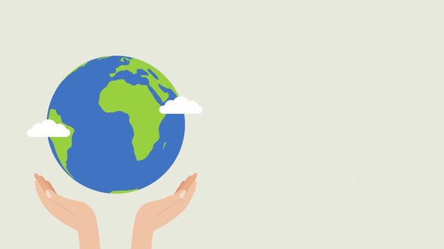 Hands holding Earth globe on beige background with copy space for environment concept.