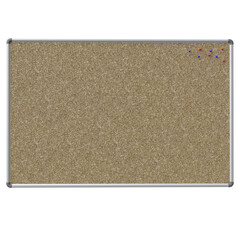 Fototapeta premium Empty clean natural cork bulletin board with standard silver aluminum frame. Blank office notice board isolated on transparent background. Push pins in the top right corner. Ready universal mockup tem