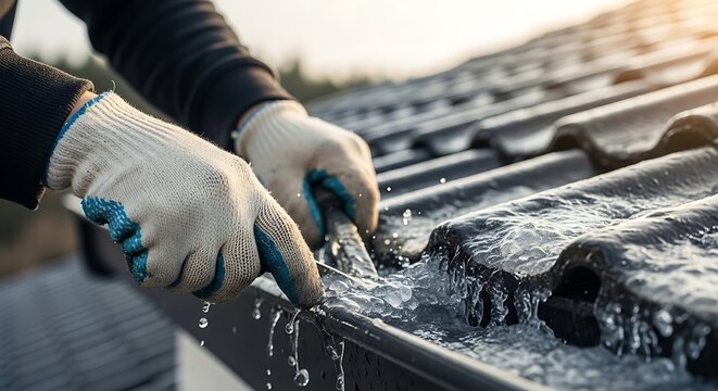 Close-up of gloved hands cleaning ice and debris from a house gutter during winter, showing essential home maintenance.