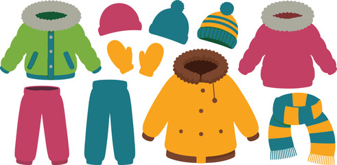 Colorful vector set of winter clothing and cold weather accessories including jackets coats hats mittens and scarves for seasonal fashion isolated on white background © SAHARA