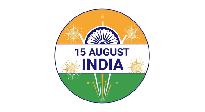 A circular emblem celebrating India Independence Day on 15 August with a tricolor design and iconic Indian symbols.