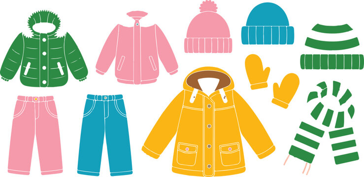 Colorful vector set of winter clothing and cold weather accessories including jackets coats hats mittens and scarves for seasonal fashion isolated on white background