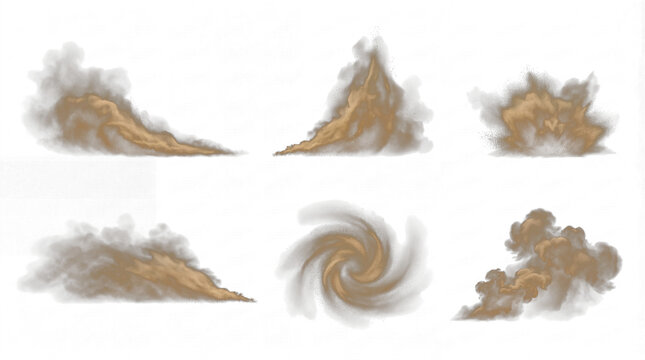 Set of various realistic dust cloud effects with sand and dirt particles isolated on transparent background