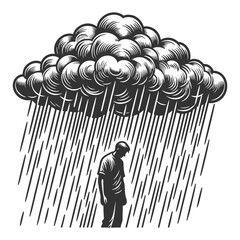 Obraz premium solitary man standing beneath dark storm clouds and heavy rn, depression, hardship, and emotional struggle sketch engraving vector illustration. Scratch board. Black and white image.