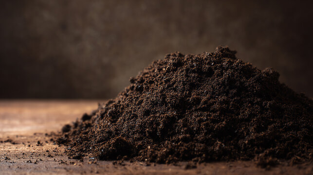 A rich pile of dark soil sits on a rustic wooden surface, emphasizing the natural elements and earthiness of the environment.