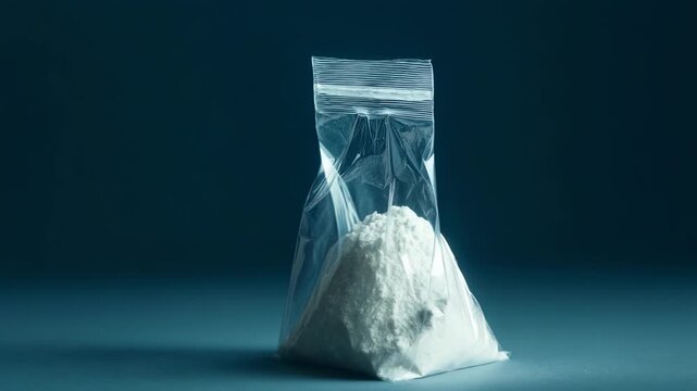 Illegal white powder, representing cocaine or heroin, in a small transparent baggie on a table