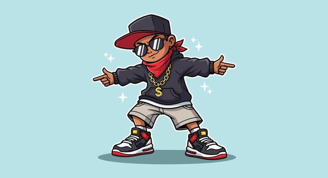 Cartoon Rapper Kid Dancing with Sunglasses and Cap.