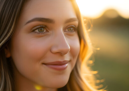 Close-up portrait of a young beautiful woman smiling during sunset with soft natural golden hour lighting and blurred outdoor background