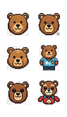 Fototapeta premium Pixelated brown bear illustrations in various poses