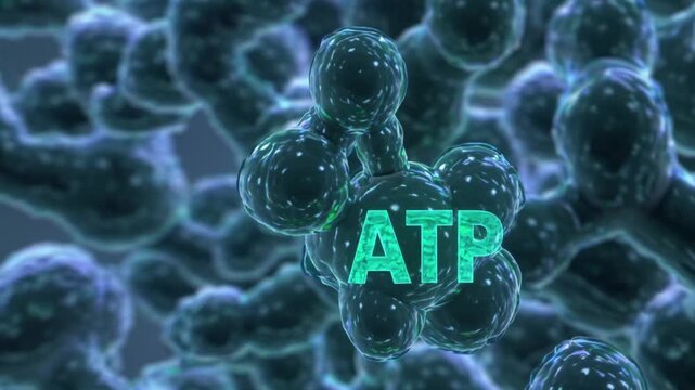 Glowing teal atp molecule inside cytoplasm, transparent spherical clusters and phosphate groups highlighted, dynamic electron gradient and proton flow visualization, scientific animation showing