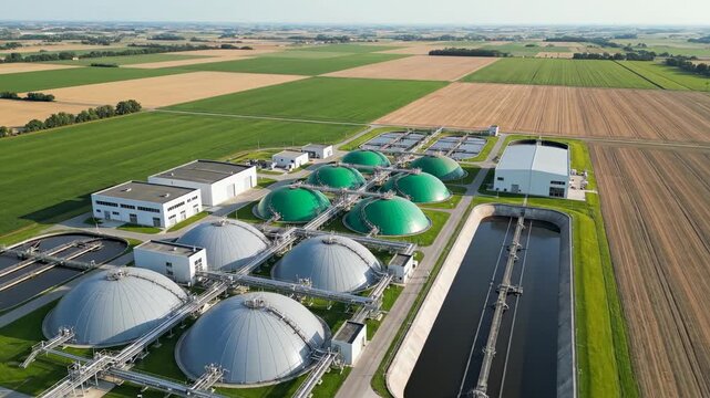 Sustainable Energy Production: Aerial view of a modern biogas plant with large digester domes and treatment tanks in a rural landscape for renewable energy documentaries.