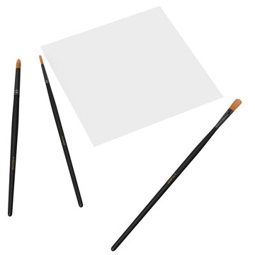 Minimalist flat lay mockup featuring three black paint brushes of different sizes and a blank white sheet of paper arranged on a clean white background. Perfect copy space for text, logo or design ove