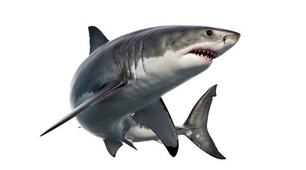 Impressive great white shark in a powerful dynamic pose with open jaws, displaying sharp teeth.
