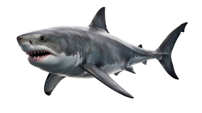 Realistic 3D render of a great white shark, Carcharodon carcharias, a powerful marine apex predator.