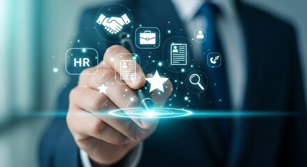 Fototapeta premium A businessman's hand touches a virtual screen with glowing human resources icons and star ratings, representing talent acquisition and performance evaluation.