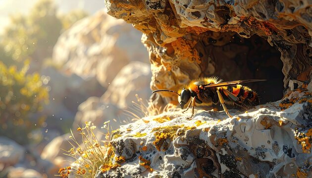 Bee at Rocky Cave Entrance at Sunset