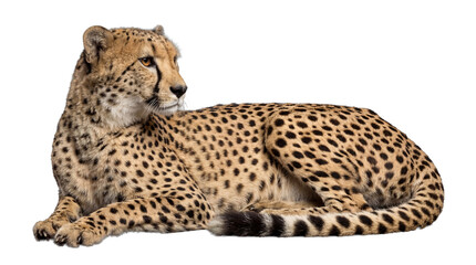 A powerful photograph of a graceful cheetah lying down, gazing intently to the side. © Steven