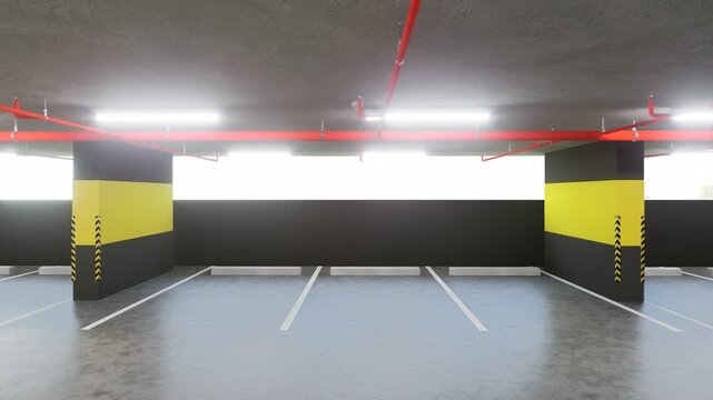 Empty parking spaces in underground garage with concrete wheel stoppers and LED lighting, 3D rendering. VDO4K