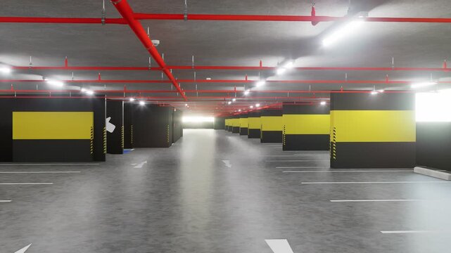 Empty parking spaces in underground garage with concrete wheel stoppers and LED lighting, 3D rendering. VDO4K