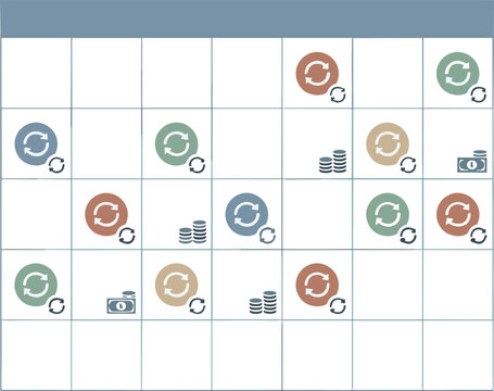 A graphic illustration of various colored icons and charts on a grid background.