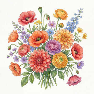 Beautiful floral composition featuring various flowers arranged harmoniously. This vector illustration is perfect for wedding designs, greeting cards, invitations, and nature themes, emphasizing elega