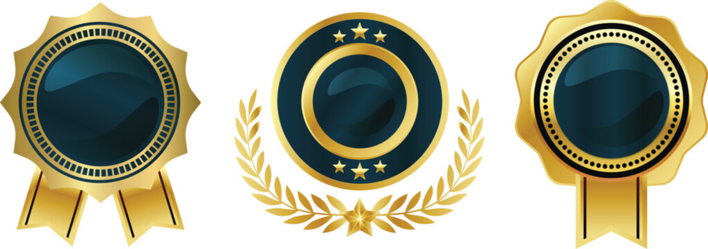Set of three luxury golden and blue award badges and certificate seals with ribbons.