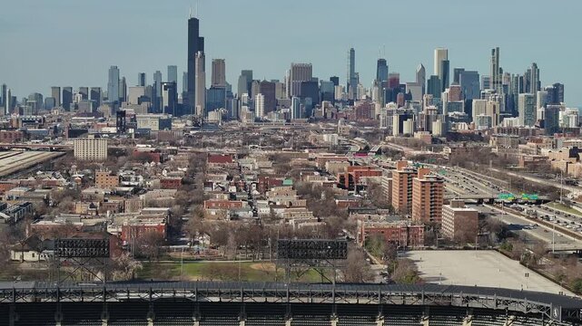 Chicago skyline drone view by the White Sox's home field
