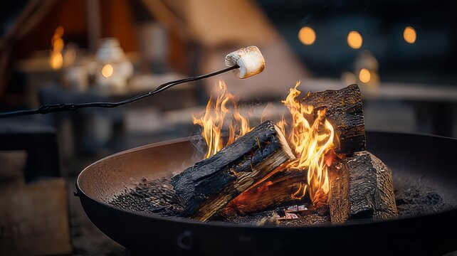Burning logs of wood fire pit at night with marshmallow