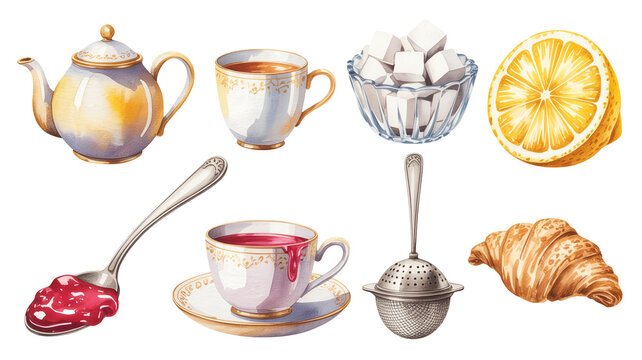 Watercolor Tea and Pastry Clipart Set with Teapot, Cups, Lemon, Sugar, Infuser and Croissant, on Transparent Background