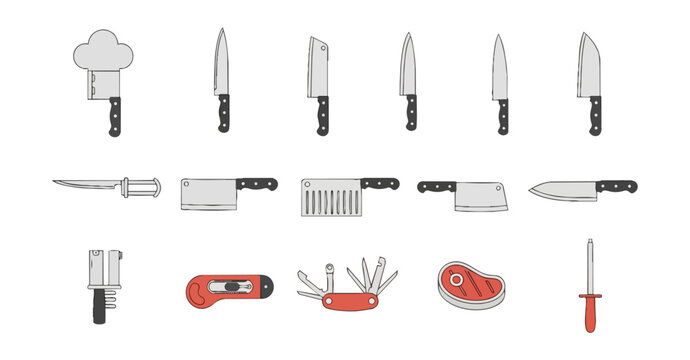 Chef knives collection set on black background