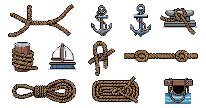 Nautical elements collection ropes anchors and knots illustrations