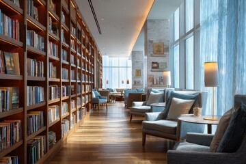 Fototapeta premium Cozy library alcove with tall bookcases, plush chairs, and gentle blue illumination