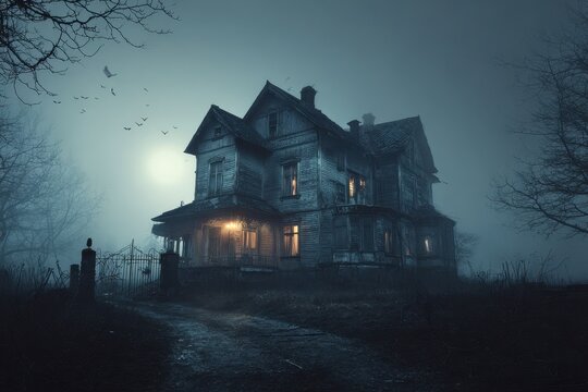 Creepy Worn-Down Home Shrouded in Mist and Shadows