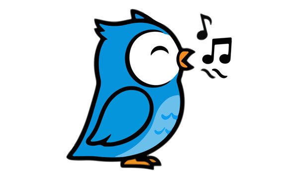 Blue bird mascot character singing with music notes icon