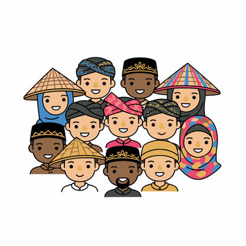 Diverse Southeast Asian people in traditional headwear illustration