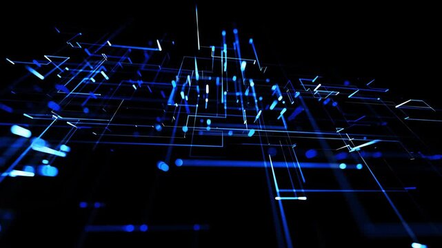 Running lights, glowing particles. Abstract looped background as technological concept with many blue lines and nodes. Sci-fi bg of glow particles form lines like electrical circuit or microcircuit.