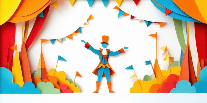 Papercraft ringmaster stands center stage. Colorful curtains, flags, buildings create whimsical circus scene. Bright, playful design.