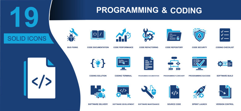 Programming and coding icon set. Containing bug fixing, code security, terminal, source code, software development, version control and more. Solid vector icons collection for tech design.