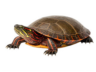 Obraz premium A close up view of a painted turtle with vibrant red stripes and a dark smooth patterned shell isolated on transparent background