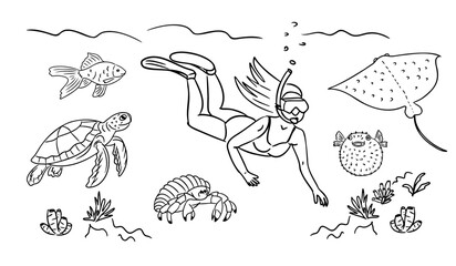 Fototapeta premium Illustration of a female diver snorkeling underwater surrounded by various marine life including fish, a turtle, a crab, and a stingray in a vibrant ocean scene