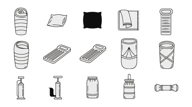 Camping equipment set icons isolated on black background